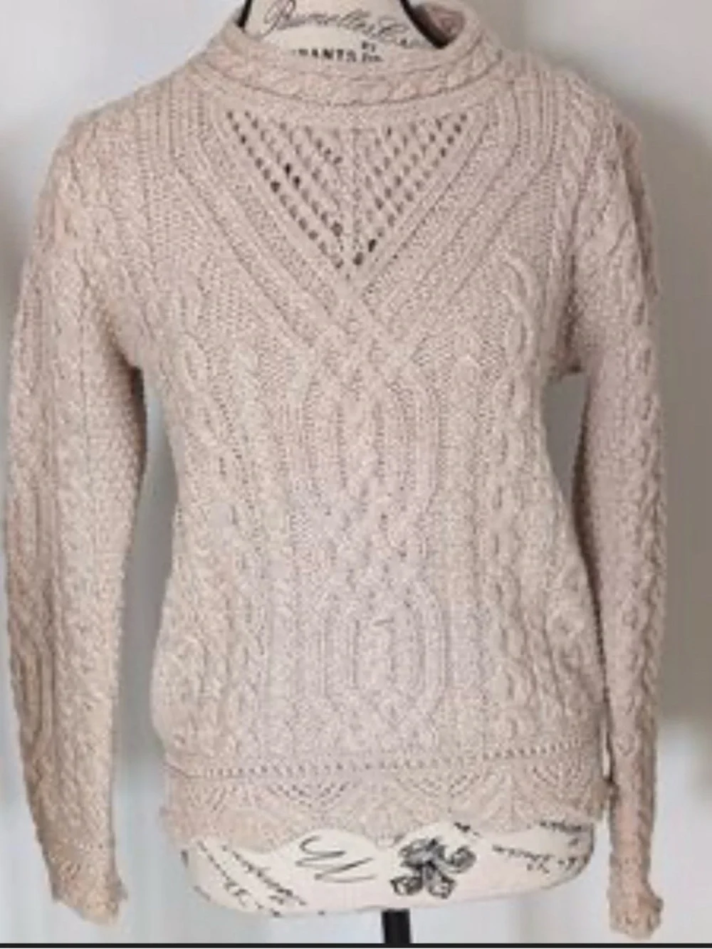 ARAN MOR 100% merino wool Textured Cable Mock Neck Sweater - Cream - Picture 2 of 2